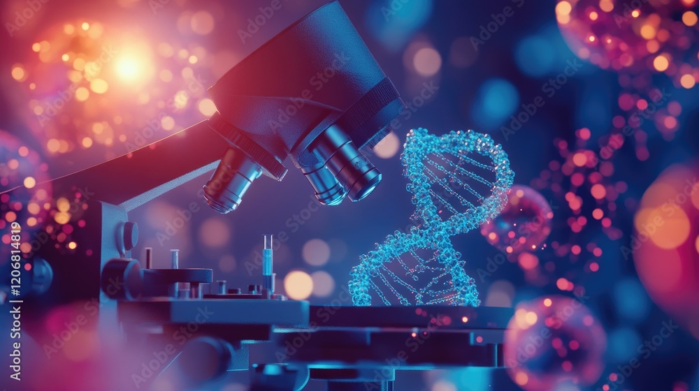 Poster Detailed close-up of a microscope, highlighting DNA in an animated style, surrounded by laboratory tools. Represents innovative medical technology and molecular research.