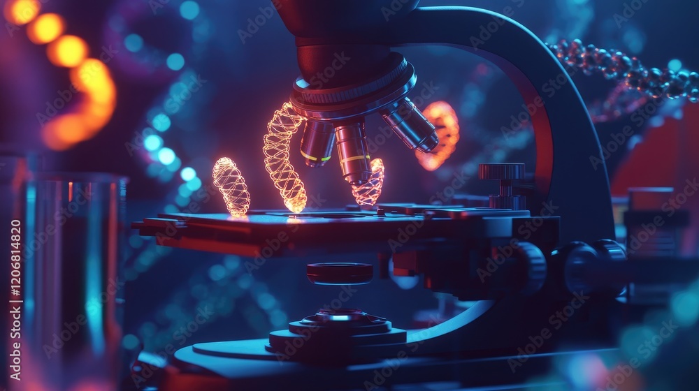 Poster Detailed close-up of a microscope, highlighting DNA in an animated style, surrounded by laboratory tools. Represents innovative medical technology and molecular research.
