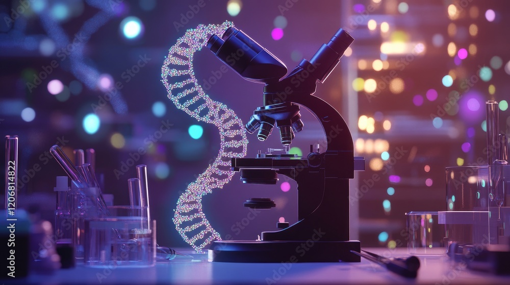 Poster detailed close-up of a microscope, highlighting dna in an animated style, surrounded by laboratory t