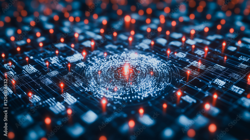 Aufkleber digital vortex: a mesmerizing abstract close-up of a circuit board, pulsing with vibrant red and blu
