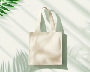 minimalist tote bag displayed on light background with soft shadows and green leaves, creating serene and stylish atmosphere