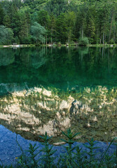Reflection of mountain and green trees in a lake in Bluntautal Valley on a spring evening in Austria.