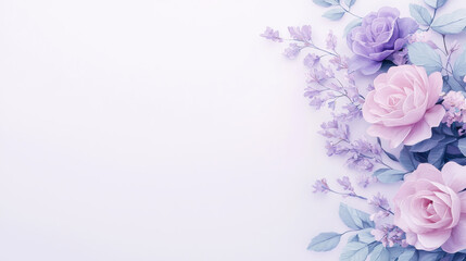 Naklejka premium Soft lavender and pink roses with delicate leaves and flowers on white background, Blank background space for text