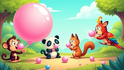 Fototapeta premium Cartoon animals blowing colorful bubble gum bubbles in a playful park. Whimsical monkey, panda, squirrel, and parrot add humor and charm to this vibrant illustration.