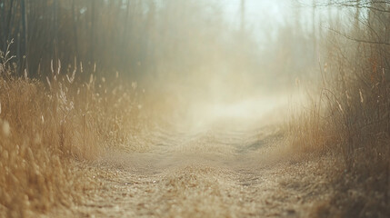 Path Through the Mist: A sunlit path winds its way through a misty, golden forest, inviting exploration and promising an ethereal adventure.