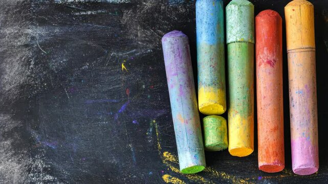 Colorful chalks arranged on a textured blackboard for creative drawing and writing activities, Colorful chalks on textured blackboard