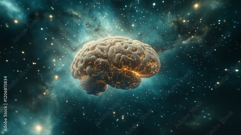 Poster cosmic brain: a mesmerizing image of a human brain glowing with inner light, suspended in the vast e