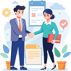 Fototapeta premium People shaking hands at work - Two businesspeople, man and woman doing handshake in office at work while smiling over business agreement and deal. Flat design stock illustration on white background