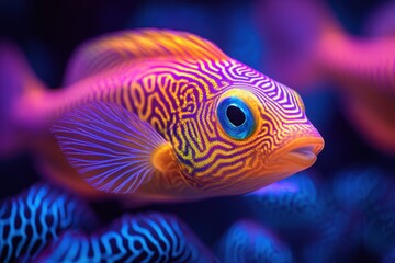 Fototapeta premium Neon-Patterned Robotic Fish Swimming in Vibrant Underwater Ecosystem A Symbiotic Vision of Technological Transformation and Aquatic Life This captivating image depicts bio-inspired robotics, merging
