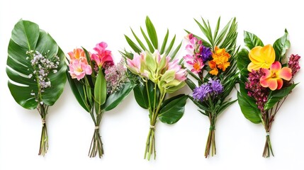Fototapeta premium Flat lay of six tropical bouquets featuring an assortment of colorful flowers and fresh green leaves, perfectly isolated on a white background for design use.