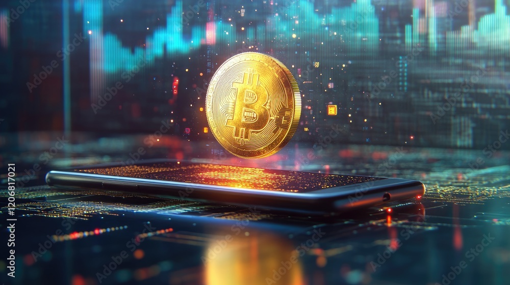 Poster Golden Bitcoin coin on a smartphone display with cryptocurrency charts, ideal for digital finance and blockchain technology concepts.