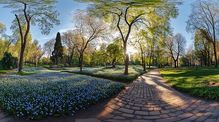 Panoramic Spring Park with Bluebell Flowers and Sunbeams