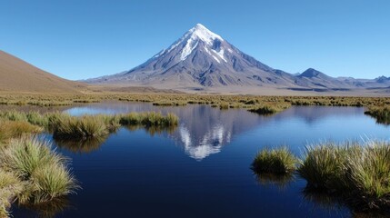 Volcano reflected in Andean lake