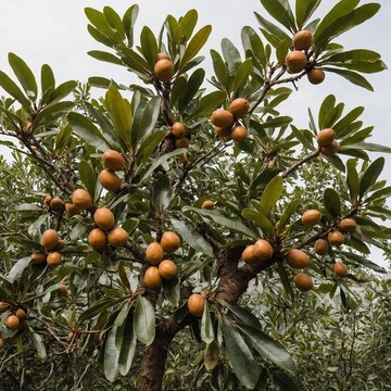A sapodilla tree with oval, brown fruits growing on slender branches, isolated on a white background.