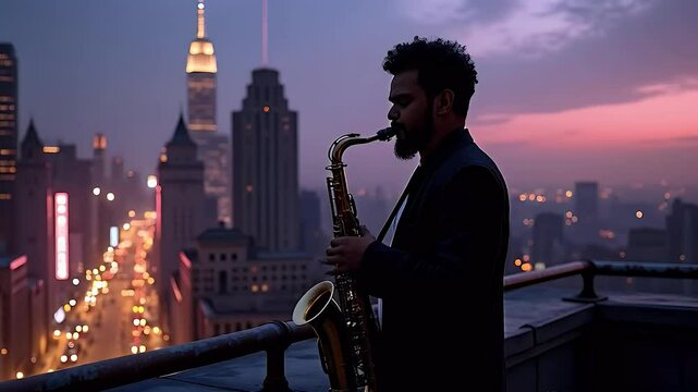 A silhouette of a musician playing a saxophone on a city rooftop at twilight, with glowing city lights and a deep purple-blue sky in the background.

