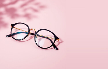 Stylish round acetate frames with gold metal temples, blending vintage charm and contemporary elegance. Perfect for fashion-forward individuals. Pink background with copyspace.
