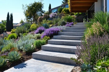 Concrete staircase enhancing a lush sloped garden with vibrant purple flowers