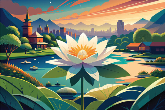 Water Lily in a pond landscape vector Illustration