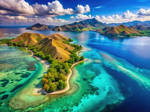Aerial view of Gili Banta's vibrant coral reef, showcasing Komodo's rich tropical marine biodiversity.