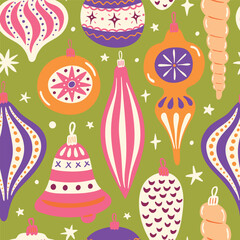 Vector Christmas seamless pattern. Flat styled New Year illustrations isolated on background. Bright and colorful design for fabric or wrapping paper design