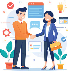 People shaking hands at work - Two businesspeople, man and woman doing handshake in office at work while smiling over business agreement and deal. Flat design stock illustration on white background