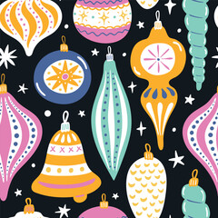 Vector Christmas seamless pattern. Flat styled New Year illustrations isolated on background. Bright and colorful design for fabric or wrapping paper design