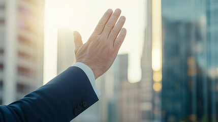 Reaching for Success: A lone hand reaches out towards a cityscape bathed in the golden glow of sunrise, symbolizing ambition, progress, and the boundless potential of urban landscapes.
