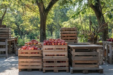 Red apples in wooden crates outdoors.