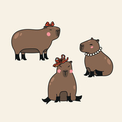 Cute hand drawn illustration set with capybaras dressed in boots and jewelry. Animal vector objects isolated on white. Template for package, gift card, ads design