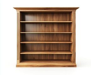 Empty wooden bookcase with five shelves and classic design.