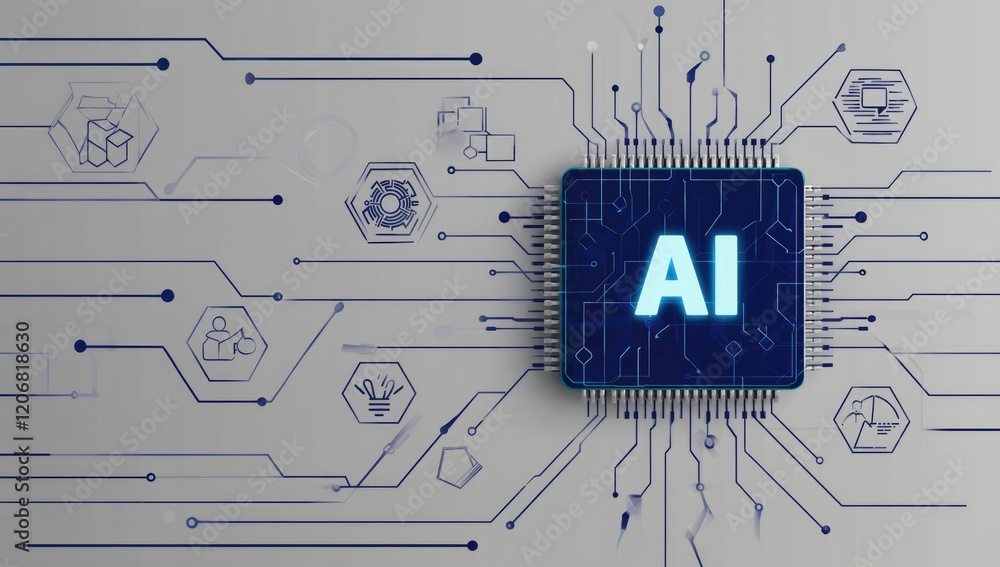 Poster ai chip: a blue glowing ai chip sits at the center of a network of interconnected circuits, represen