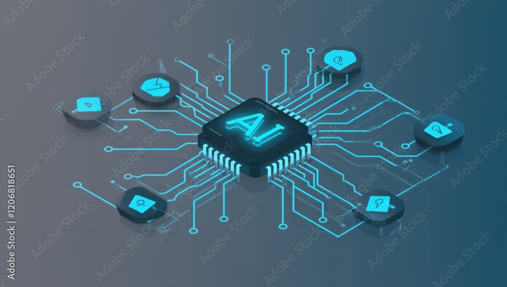 Poster ai network: a futuristic and abstract illustration of an ai chip at the center of a network of glowi