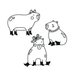 Cute hand drawn illustration set with capybaras dressed in boots and jewelry. Animal vector objects isolated on white. Template for package, gift card, ads design