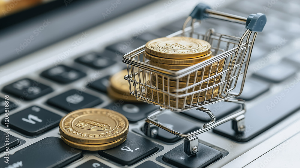 Poster online shopping cart with gold coins: a miniature shopping cart overflowing with stacks of gold coin