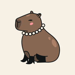 Cute hand drawn illustration with capybara dressed in boots and pearl necklac jewelry. Animal vector design object isolated on white. Template for package, gift card, ads design