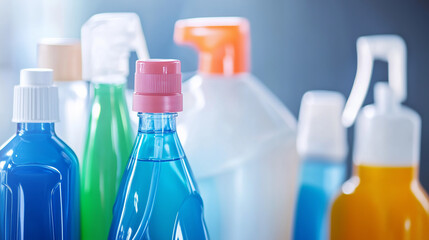 Cleaning Supplies Close-up: A vibrant collection of cleaning product bottles in various shapes, sizes, and colors, showcasing a spectrum of cleaning solutions.