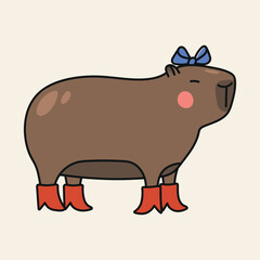 Cute hand drawn illustration with capybara dressed in boots and pretty ribbon bow. Animal vector design object isolated on white. Template for package, gift card, ads design