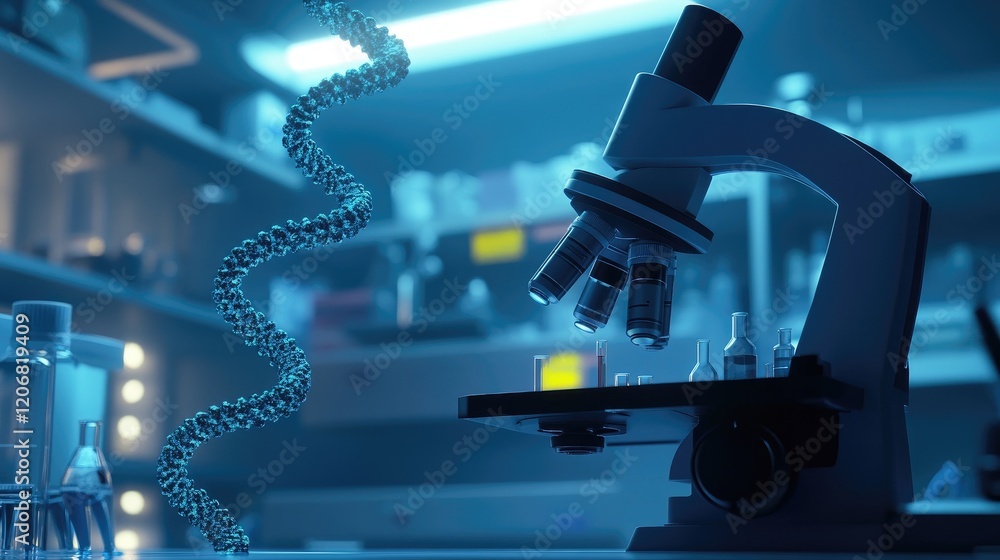 Poster microscope focused on animated dna macro image, with laboratory equipment in the background, capturi