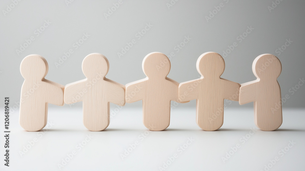 Poster unity in numbers: five interconnected wooden figures stand shoulder to shoulder, symbolizing teamwor