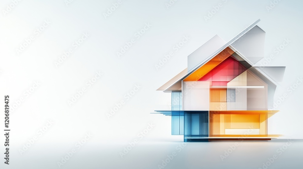 Poster modern abstract house design with geometric shapes and colorful light effects on a minimalistic back
