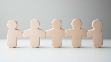 Unity in Numbers: Five interconnected wooden figures stand shoulder to shoulder, symbolizing teamwork, collaboration, and unity. A minimalist and powerful image. 