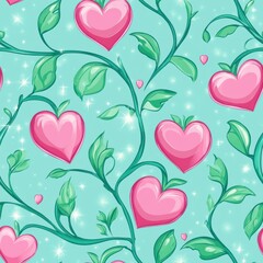 Flamingo pink hearts with emerald green leafy vines and starry sparkles seamless pattern, repeating pattern, soft cyan background, valentine pattern 
