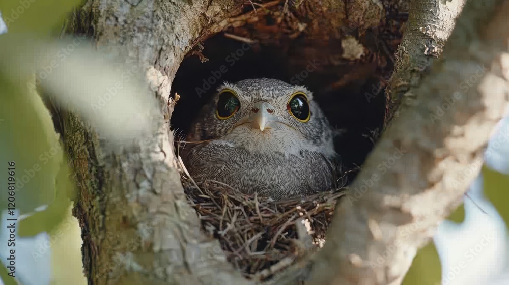 Poster close up of bird nest in tree, showcasing bird with large eyes and soft feathers, nestled comfortabl