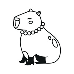 Obraz premium Cute hand drawn illustration with capybara dressed in boots and pearl necklace jewelry. Animal vector design object isolated on white. Template for package, gift card, ads design