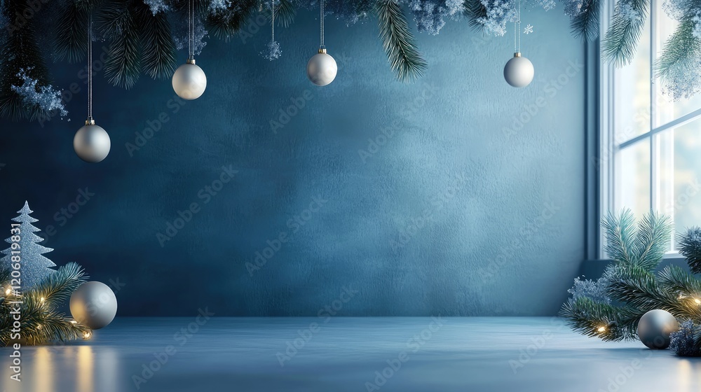 Poster Modern empty room with a gradient blue background and blue abstract effects, creating a perfect atmosphere for seasonal concepts like Christmas, Valentine Day, or New Year.