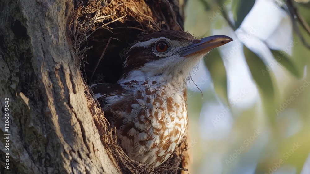 Aufkleber close up of bird nest in tree, showcasing bird intricate feathers and attentive gaze. scene captures