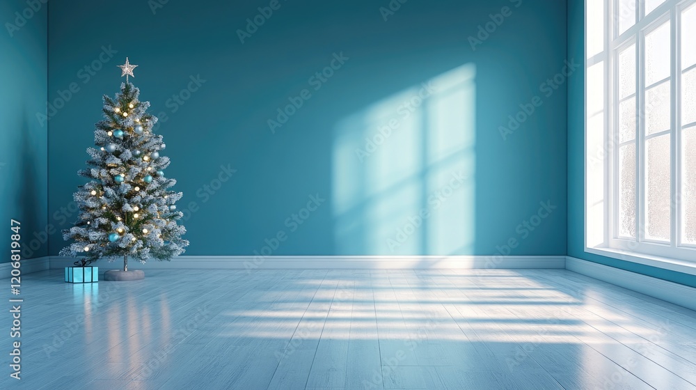 Poster Modern empty room with a gradient blue background and blue abstract effects, creating a perfect atmosphere for seasonal concepts like Christmas, Valentine Day, or New Year.