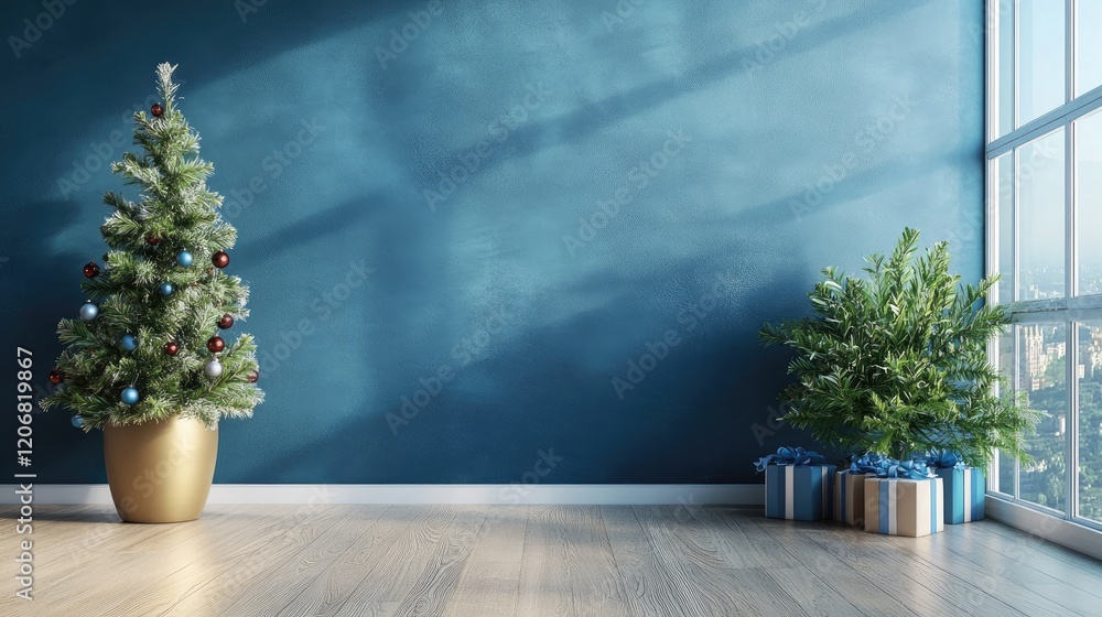 Poster Modern empty room with a gradient blue background and blue abstract effects, creating a perfect atmosphere for seasonal concepts like Christmas, Valentine Day, or New Year.