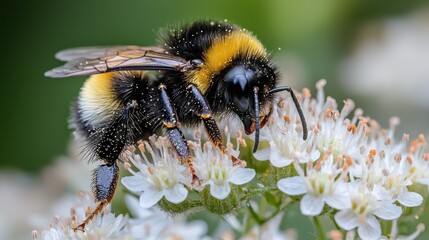 close up of bee on flower, showcasing its vibrant colors and intricate details. bee is collecting pollen, highlighting beauty of nature and importance of pollinators