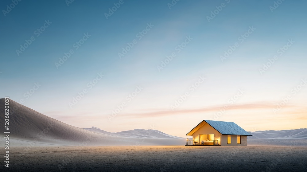 Poster serene modern house in expansive desert landscape at dusk with soft glow from windows illuminating t